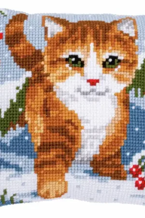 Cat in Snow Printed Cross Stitch Cushion Kit by Vervaco Premium