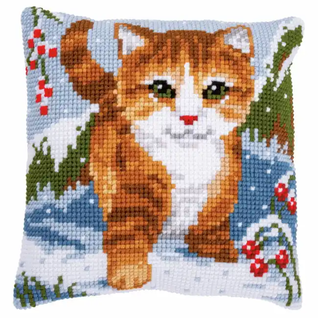 Cat in Snow Printed Cross Stitch Cushion Kit by Vervaco Premium