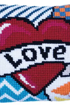 Affordable Patchwork Love Printed Cross Stitch Cushion Kit by Needleart World