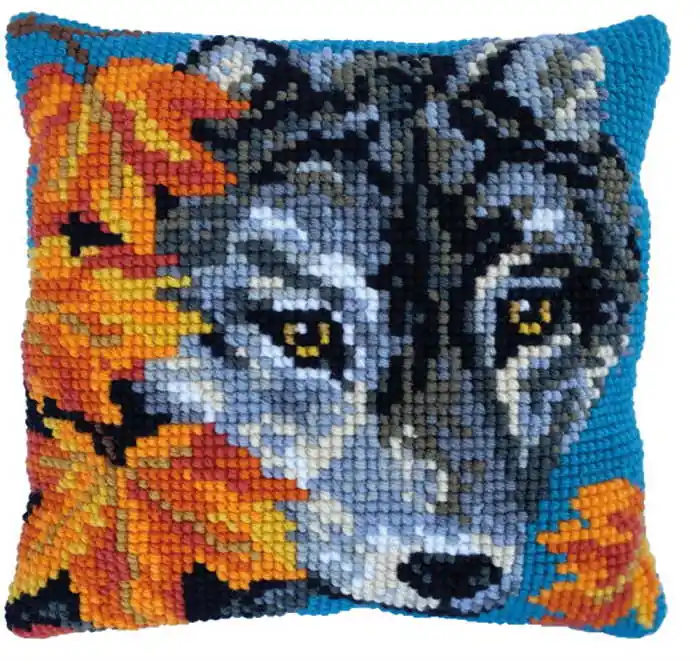 Autumn Wolf Printed Cross Stitch Cushion Kit by Needleart World Last Chance