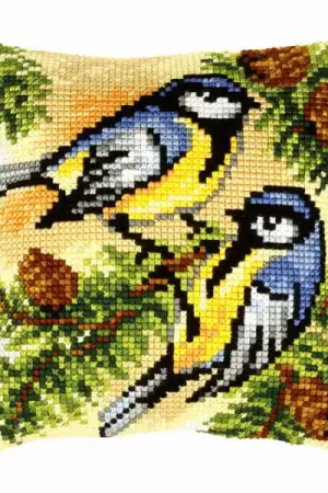 Price Drop Blue Tits Printed Cross Stitch Cushion Kit by Orchidea