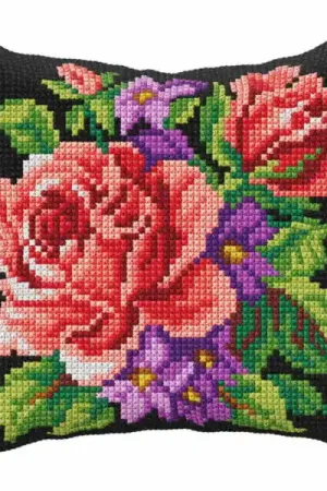Roses and Violets Printed Cross Stitch Cushion Kit by Orchidea Bargain