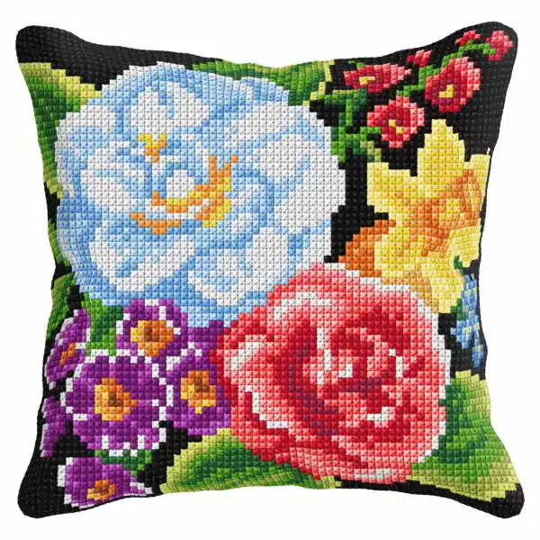 Flowers Printed Cross Stitch Cushion Kit by Orchidea Direct From Manufacturer