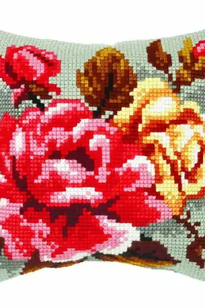Roses on Grey Printed Cross Stitch Cushion Kit by Orchidea Special Discount