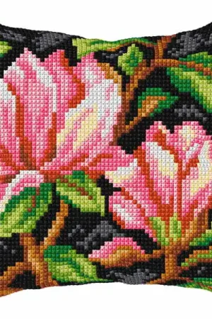 Secure Checkout Flowers on Black Printed Cross Stitch Cushion Kit by Orchidea