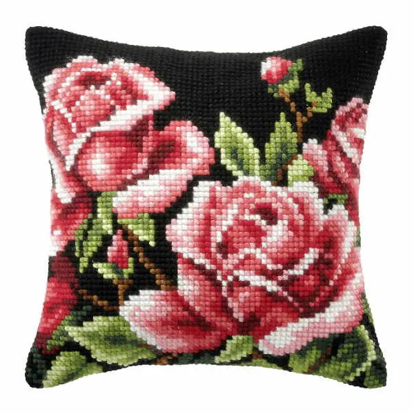 Instant Buy Roses on Black Printed Cross Stitch Cushion Kit by Orchidea