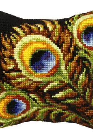 Shop Now Peacock Feathers Printed Cross Stitch Cushion Kit by Orchidea