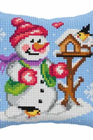 Snowman and Birdhouse Printed Cross Stitch Cushion Kit by Orchidea Clearance