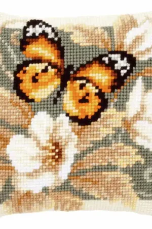 Black and Orange Butterfly Printed Cross Stitch Cushion Kit by Vervaco Discount