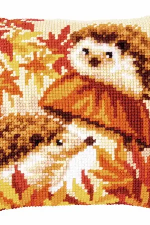 Time-Limited Hedgehogs on Mushroom Printed Cross Stitch Cushion Kit by Vervaco