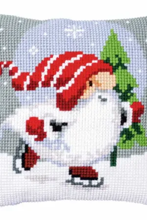 Christmas Gnome on Ice Printed Cross Stitch Cushion Kit by Vervaco Price Drop