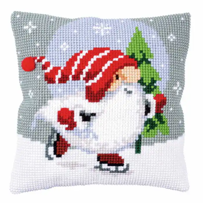 Christmas Gnome on Ice Printed Cross Stitch Cushion Kit by Vervaco Price Drop