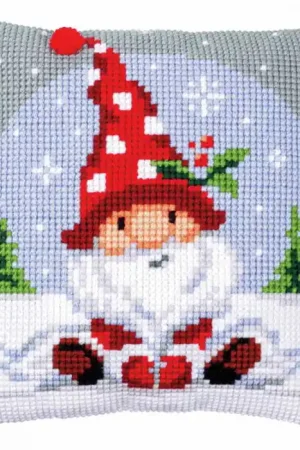 Christmas Gnome in Snow Printed Cross Stitch Cushion Kit by Vervaco Best Choice