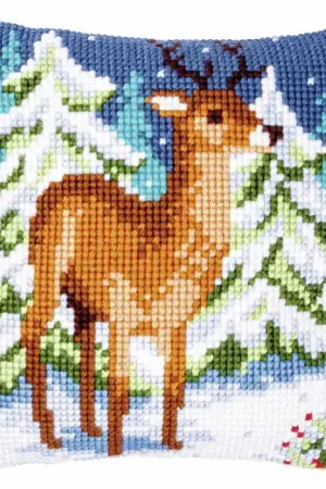 Warranty Included Deer in Winter Printed Cross Stitch Cushion Kit by Vervaco