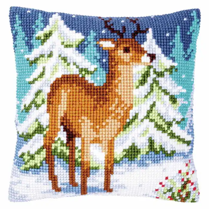 Warranty Included Deer in Winter Printed Cross Stitch Cushion Kit by Vervaco