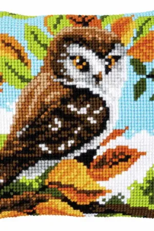 Authentic Owl in the Bushes Printed Cross Stitch Cushion Kit by Vervaco