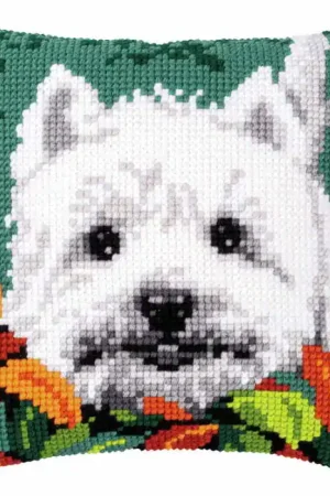 Top Pick Westie Between Leaves Printed Cross Stitch Cushion Kit by Vervaco
