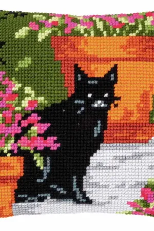 Cat Between Flowers Printed Cross Stitch Cushion Kit by Vervaco Hot Picks