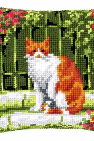 Cat Between Flowers Printed Cross Stitch Cushion Kit by Vervaco Low Price