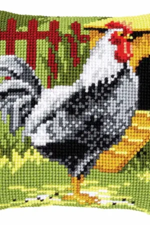Black Rooster Printed Cross Stitch Cushion Kit by Vervaco Place Order