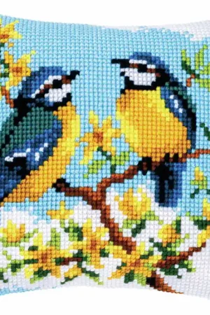 Save Now Blue Tits Printed Cross Stitch Cushion Kit by Vervaco