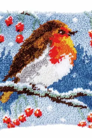 Buy Direct Red Robin in Winter Latch Hook Cushion Kit By Vervaco