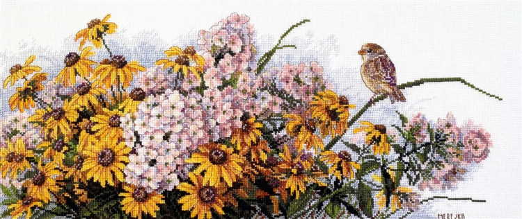 Seasonal Sale Black Eyed Susans and Phlox Cross Stitch Kit by Merejka
