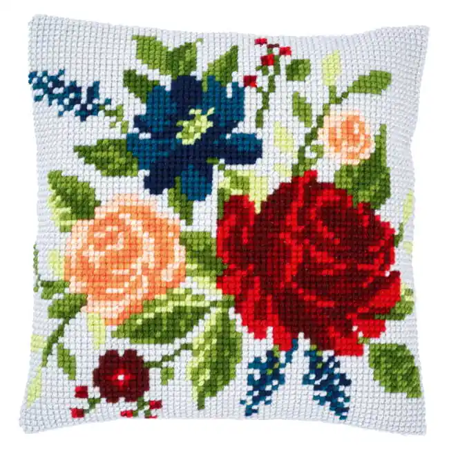 Peonies Printed Cross Stitch Cushion Kit by Vervaco Express Delivery