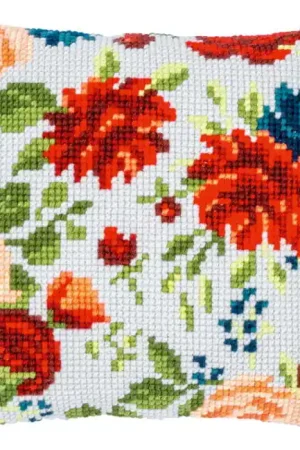 While Supplies Last Peonies Printed Cross Stitch Cushion Kit by Vervaco