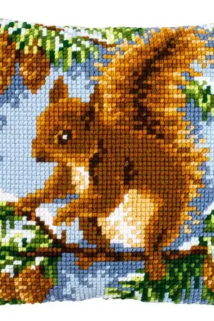 Squirrel in a Pine Tree Printed Cross Stitch Cushion Kit by Vervaco Authentic
