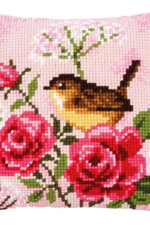 Bird and Roses Printed Cross Stitch Cushion Kit by Vervaco Viral