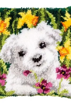 Westie in Daffodils Latch Hook Cushion Kit By Vervaco Exclusive