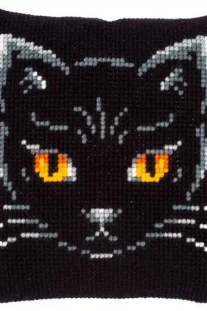 Black Cat Printed Cross Stitch Cushion Kit by Vervaco Premium