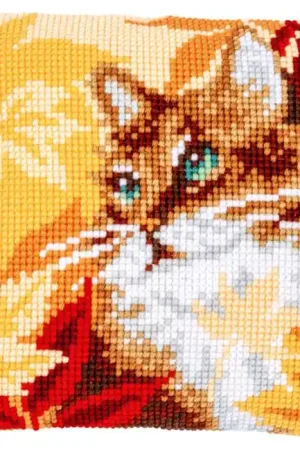 Cat with Autumn Leaves Printed Cross Stitch Cushion Kit by Vervaco High Quality