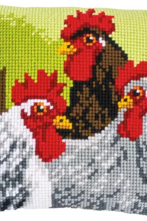 Buy Online Rooster and Chickens Printed Cross Stitch Cushion Kit by Vervaco
