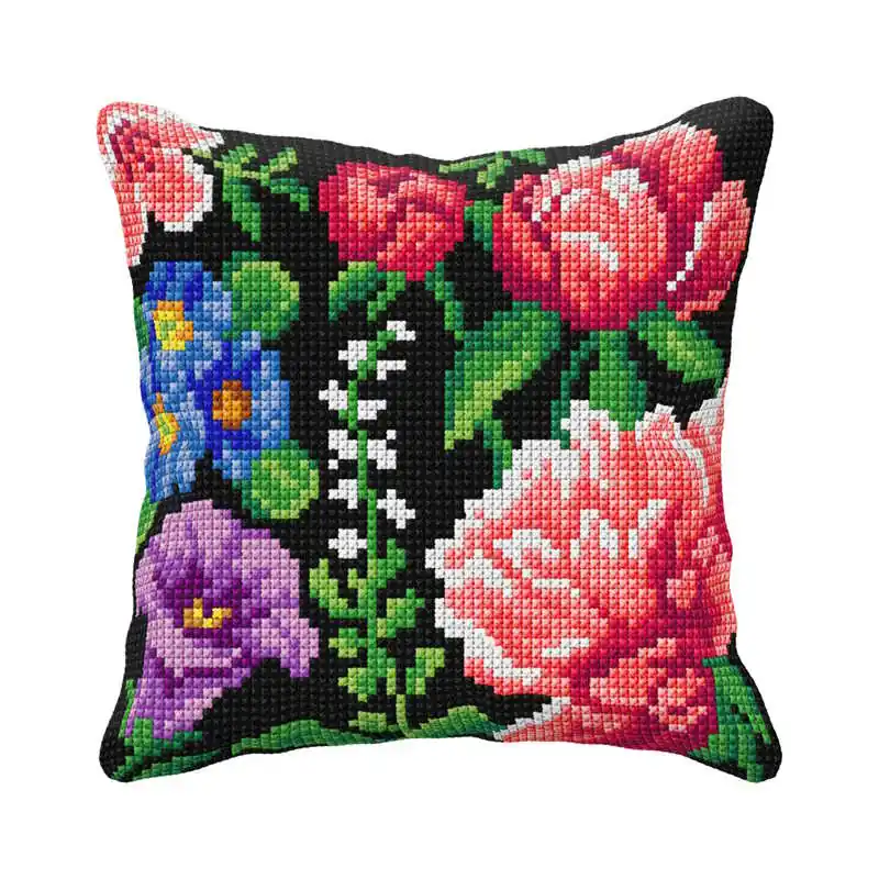Flowers on Black Background Printed Cross Stitch Cushion Kit by Orchidea Best Choice