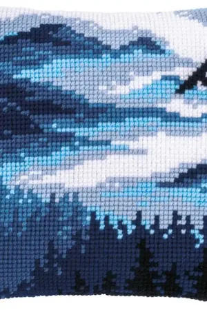 Sale Blue Landscape Printed Cross Stitch Cushion Kit by Vervaco