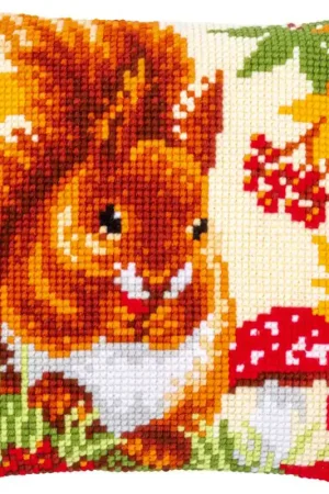 Squirrel in Autumn Printed Cross Stitch Cushion Kit by Vervaco Last Chance