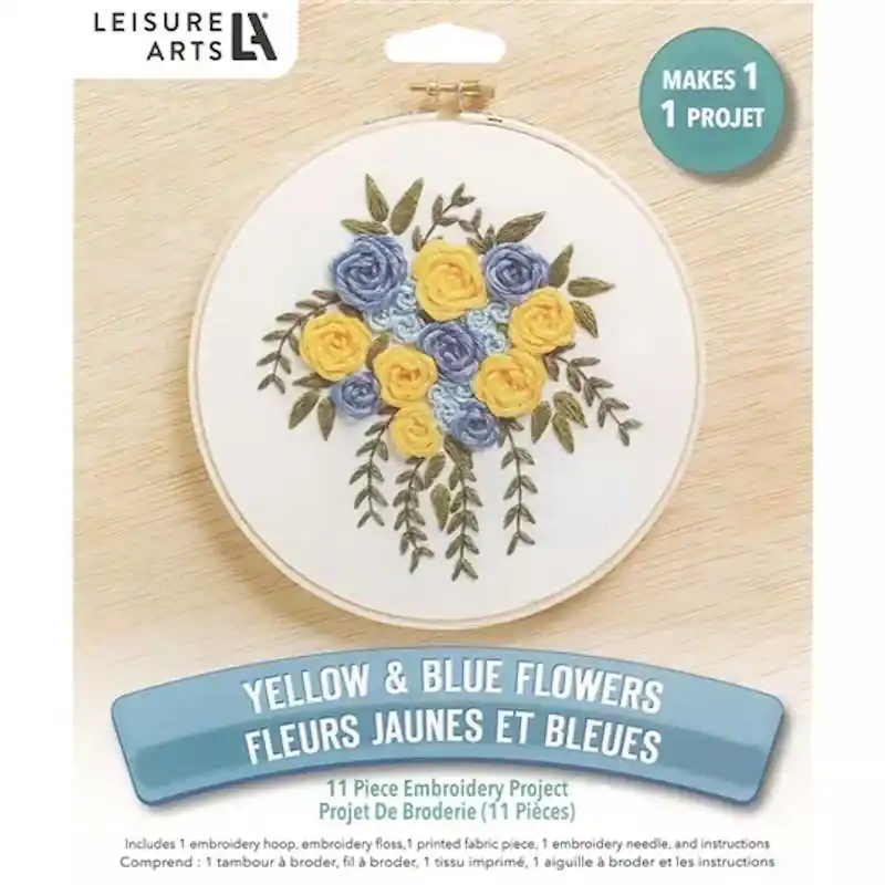 New Arrival Yellow and Blue Flowers Embroidery Kit By Leisure Arts
