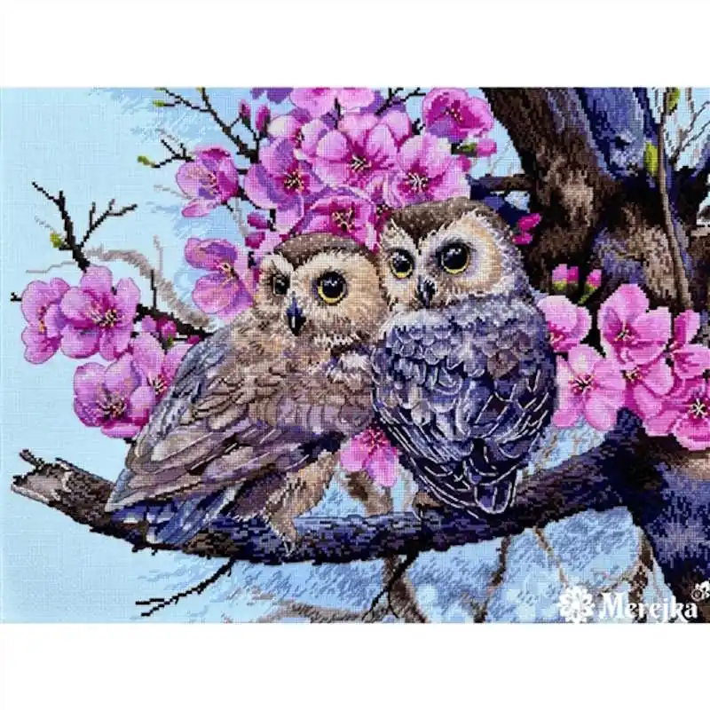 Owls in Spring Blossom Cross Stitch Kit by Merejka Fast Shipping