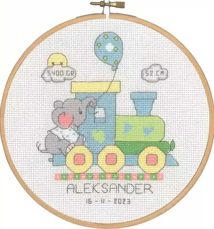 Baby Train Birth Sampler Cross Stitch Kit by Permin Affordable