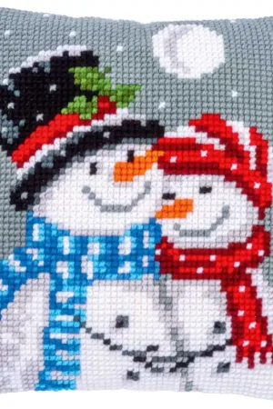 Snowmen Printed Cross Stitch Cushion Kit by Vervaco Markdown