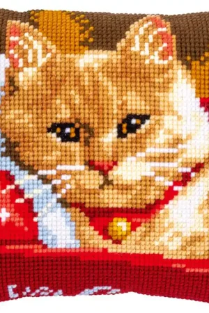 Brand New Cat Printed Cross Stitch Cushion Kit by Vervaco