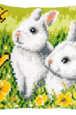 Reduced Price Rabbits and Butterflies Printed Cross Stitch Cushion Kit by Vervaco