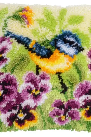 Blue Tit on Pansies Latch Hook Cushion Kit By Vervaco Direct From Factory