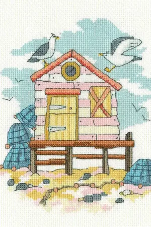 Express Delivery Pink Beach Hut Cross Stitch Kit by Heritage Crafts