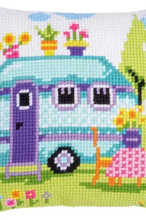 Road Trip Vacation Printed Cross Stitch Cushion Kit by Vervaco Viral