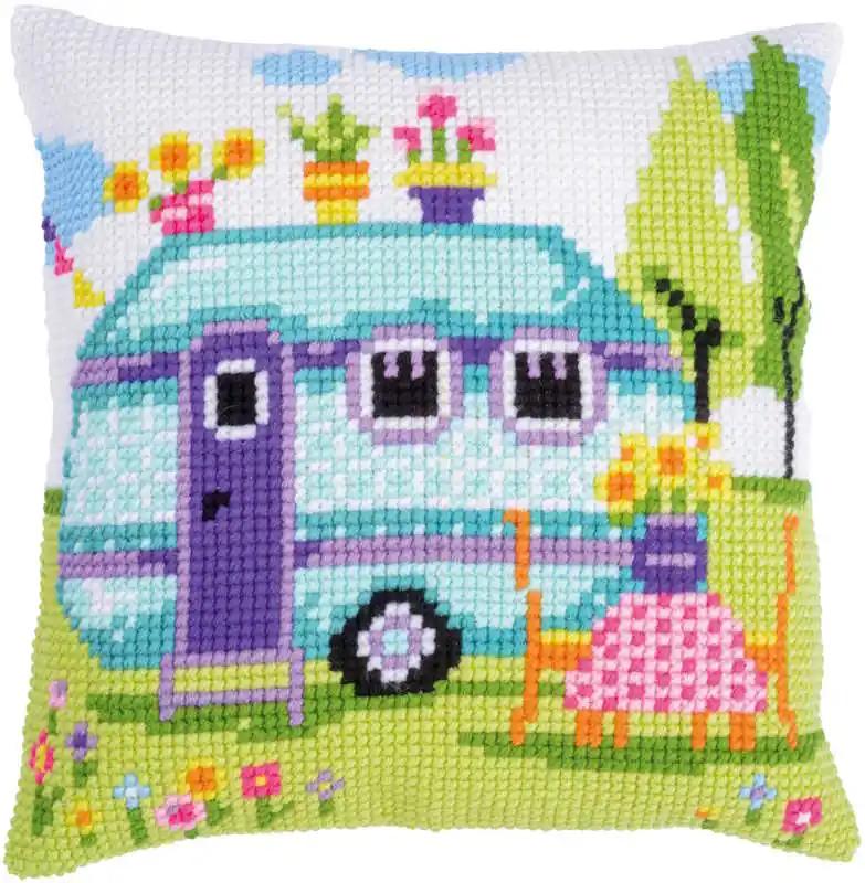 Road Trip Vacation Printed Cross Stitch Cushion Kit by Vervaco Viral