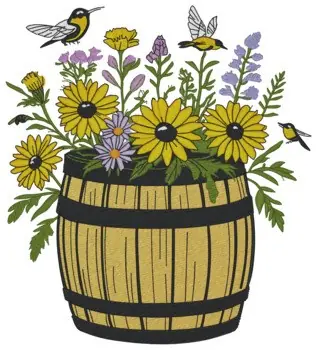 Barrel & Flowers Embroidery Design Direct From Manufacturer