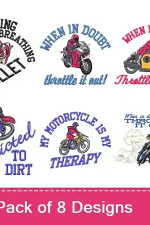 Addicted To Two Wheels Embroidery design pack by MA Designs, Embroidery Packs on EmbroideryDesigns.com Wholesale